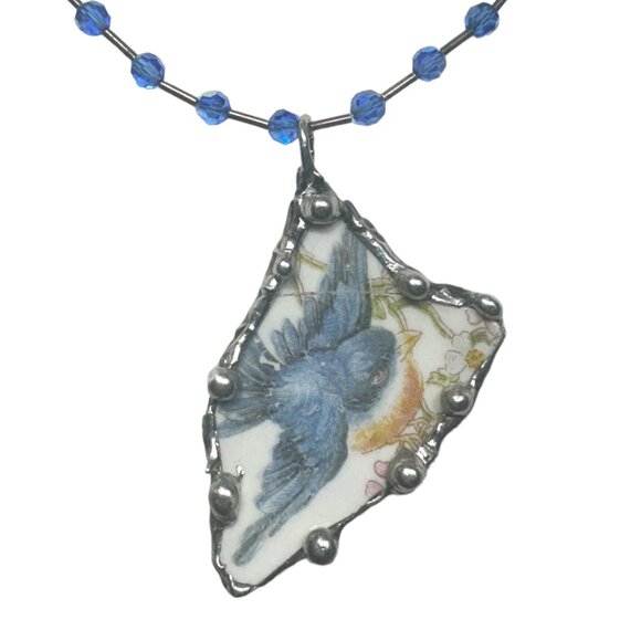 Blue Bird China Homer Laughlin Artisan Pendant Adorned w/ Blue Crystal Necklace - Picture 13 of 17